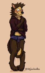 1boy 2022 anthro anthro_only bodily_fluids canid canine canis cerffou clothing desperation furry furry_only genital_fluids hi_res male male_peeing mammal no_humans omorashi peeing skylardoodles solo underwear urine urine_pool watersports wetting wolf