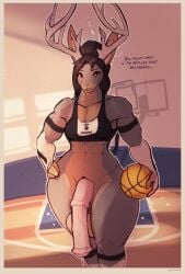 absurd_res animal_genitalia animal_penis anthro antlers ball balls basketball_(ball) big_balls big_penis bodily_fluids bottomless bra breasts cervine clothed clothing deer dripping equine_genitalia equine_penis genital_fluids genitals gynomorph half-erect hi_res horn huge_balls huge_cock intersex mammal medial_ring muscular muscular_gynomorph muscular_intersex penis precum precum_drip small_breasts solo sports_bra thick_thighs topwear topwear_only underwear vein veiny_penis wide_hips yo-lander