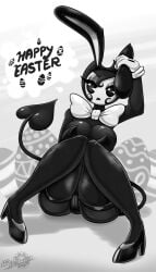 1girls arm_support ass bendy bendy_and_the_ink_machine bendy_fem bendy_the_dancing_demon bethy_(laranthrod) big_breasts black_and_white black_legwear bowtie breasts bunny_ears bunnysuit devil_tail easter easter_egg female female_only footwear handwear high_heels humanoid latiar legs legwear leotard neckwear rule_63 sitting solo stockings tagme tail white_bowtie