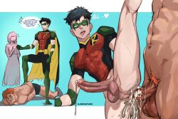 2024 2boys abs artist_name batman_(series) big_balls big_penis black_hair cum cum_drip cumming cumming_together dc dc_comics excessive_cum excited gay gay_sex light-skinned_male light_skin male mask no_underwear pecs robin_(dc) robin_(tim_drake) sevaztian short_hair text text_bubble tim_drake veiny_penis yaoi