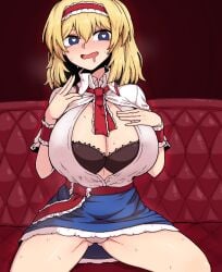 alice_margatroid ascot black_bra blonde_hair blue_dress blue_eyes blue_skirt bra breasts cleavage couch dress female formicid frilled_ascot frills hairband hand_on_own_chest heart heart-shaped_pupils highres hypnosis large_breasts lolita_hairband mind_control open_mouth panties pointing pointing_at_self puffy_short_sleeves puffy_sleeves red_ascot red_hairband short_hair short_sleeves skirt solo spread_legs sweat symbol-shaped_pupils thighs touhou underwear white_panties