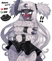 !! 1girls 2024 absol anthro bangs big_breasts blunt_bangs blush cheek_piercing covering_breasts embarrassed english_text female female_only fishnet_pantyhose fishnets generation_3_pokemon goth heavy_blush hi_res long_hair miniskirt nintendo no_shirt open_mouth pokémon_(species) pokemon pokemon_(species) red_eyes solo spiked_bracelet strip_game succumbeon text thick_thighs twintails twitter_strip_game_(meme) white_background white_hair