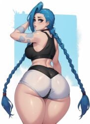 1girls ai_generated ass ass_focus blue_hair butt_focus fat_ass female female_only gym_uniform huge_ass huge_butt jinx_(league_of_legends) league_of_legends looking_at_viewer pinkdolphin purple_eyes solo sportswear tattoo tight_clothing