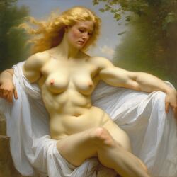 ai_generated belly blonde_hair blue_eyes breasts curly_hair curvy female lips long_hair muscles muscular_female navel nipples nude small_breasts solo tall_female william_bouguereau