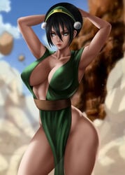 alternate_breast_size avatar_the_last_airbender big_breasts black_hair blind blue_eyes cleavage clothing female female_only hair_bun hayes-irina hourglass_figure large_breasts long_hair pelvic_curtain solo solo_female solo_focus straight_hair thick_thighs toph_bei_fong wide_hips