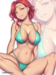 1girls alternate_costume alternate_hairstyle bikini breasts circlet cleavage dark-skinned_female dark_skin earrings etchimune facing_viewer female female_only fire_emblem fire_emblem:_three_houses fire_emblem_warriors:_three_hopes girl green_bikini green_swimsuit hapi_(fire_emblem) jewelry large_breasts long_hair nintendo official_alternate_hairstyle red_hair sitting solo swimsuit zoom_layer