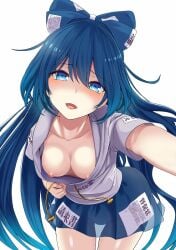 amisu blue_bow blue_eyes blue_hair blue_skirt blue_theme blush bow bracelet breasts debt downblouse drawstring female hairbow head_tilt hood hood_down hoodie jewelry leaning_forward long_hair looking_at_viewer medium_breasts miniskirt nipples no_bra open_mouth panties reaching reaching_towards_viewer see-through shion_yorigami simple_background skirt solo touhou underwear very_long_hair white_background yorigami_shion