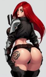 ai_generated big_butt bubble_butt katarina_du_couteau league_of_legends looking_at_viewer pinkdolphin red_hair scar_across_eye stomach tattoo