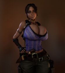 1girls 3d 3d_(artwork) alternate_breast_size belt big_breasts big_hips breasts breasts_bigger_than_head brown_eyes brown_hair capcom cleavage clothed clothed_female female female_human female_only female_solo fingerless_gloves gloves hand_on_hip hand_on_own_hip hips hourglass_figure huge_breasts human human_female human_only large_breasts looking_at_viewer pants resident_evil resident_evil_5 sheva_alomar slim_waist solo solo_female tactical_gear top_heavy top_heavy_breasts vaako wide_hips