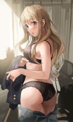 1girls black_bra black_panties blazer blonde_hair bra butt clothing curtains female grey_eyes indoors jacket k-on! long_hair matching_underwear miniskirt open_mouth panties plant potted_plant skirt solo thick_eyebrows tipii tsumugi_kotobuki_(k-on!) underwear undressing