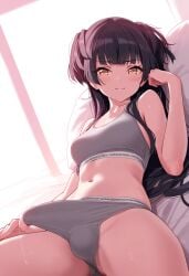 1futa ai_generated amber_eyes balls bangs bare_shoulders black_hair blunt_bangs blush bra breasts bulge closed_mouth cowboy_shot cum cum_stain cum_string dickgirl doseogwan erect_penis erection erection_under_clothes eyebrows_visible_through_hair futa_only futanari head_on_pillow idolmaster idolmaster_shiny_colors indoors legs_spread light-skinned_futanari light_skin long_hair looking_at_viewer lying lying_on_back lying_on_bed mayuzumi_fuyuko medium_breasts midriff narrowed_eyes navel on_back panties penis penis_bulge pillow presenting smile solo solo_futa sports_bra stain stretched_clothing sunlight sunny sweat tenting the_idolm@ster the_idolm@ster_shiny_colors underwear underwear_only visible_penis_shape