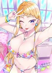 1girls :d ;d absurdres armpits bad_girl big_breasts bikini blonde_hair blue_eyes blush bracelet breasts cleavage dosanko_gal_wa_namara_menkoi earrings female feminine front-tie_top gyaru halterneck highres ikada_kai jewelry large_breasts long_hair looking_at_viewer minami_fuyuki nail_polish navel necklace one_eye_closed open_mouth selfie shounen_jump+ side-tie_bikini_bottom smile solo string_bikini swimsuit v