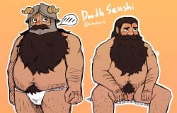 1boy a-hem_(a_hemhem18) artist_name balls ballsack bara beard beard_over_mouth belly blush body_hair brown_hair bulge collage completely_nude dungeon_meshi dwarf facial_hair fake_horns fat fat_man feet_out_of_frame flaccid flaccid_penis foreskin fundoshi hairy_male helmet highres horned_helmet horns humanoid intact japanese_clothes long_beard long_foreskin male male_only male_pubic_hair manly mature_male mustache nude nude_male penis scrotum senshi_(dungeon_meshi) smooth_penis solo sparse_arm_hair sparse_leg_hair spoken_blush testicles thick_mustache thick_navel_hair uncut unretracted_foreskin very_long_beard