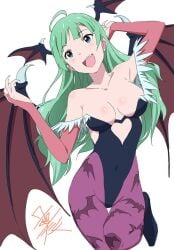 1girls :d ahoge animal_print bare_shoulders bat_print bat_wings black_leotard blue_eyes blush breasts bridal_gauntlets cleavage clothing_cutout collarbone cosplay covered_navel darkstalkers demon_girl fangs female female_only green_hair head_wings heart_cutout highres idolmaster idolmaster_million_live! leotard long_hair looking_at_viewer medium_breasts morrigan_aensland morrigan_aensland_(cosplay) open_mouth pantyhose print_pantyhose purple_pantyhose purple_wings shimabara_elena signature simple_background smile solo standing standing_on_one_leg taku1122 teeth thigh_gap upper_teeth_only vampire_(game) white_background wings