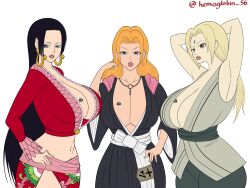 3girls 4:3 big_breasts black_hair bleach blonde_hair blue_eyes boa_hancock breasts breasts_bigger_than_head brown_eyes cleavage company_connection crossover earrings enormous_breasts female female_only hemoglobin_56 huge_breasts large_breasts light-skinned_female light_skin long_hair matsumoto_rangiku midriff multiple_girls naruto one_piece orange_hair queen_of_spades shounen_jump the_big_6 tsunade