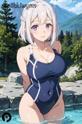 ai_generated arms_behind_back bangs blue_one-piece_swimsuit blush braid breasts cleavage closed_mouth cloud collarbone covered_navel cowboy_shot day female hakuren highleg highleg_swimsuit isekai_nonbiri_nouka large_breasts looking_at_viewer one-piece_swimsuit outdoors pikkiwynn purple_eyes short_hair sky solo swimsuit tree wading water white_hair