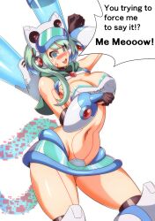 1girls blue_eyes blush cat_ears female huge_breasts ico_(mega_man) kotatuman_dash mega_man mega_man_x_dive navel nervous pose reploid robot_girl silver_hair solo swimsuit_ico_(x_dive) text thick_legs voluptuous white_background