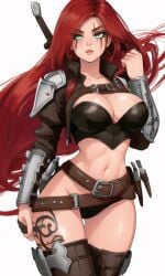 ai_generated katarina_du_couteau league_of_legends pinkdolphin red_hair scar_across_eye stomach tattoo