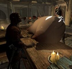 1male aara_palefang artist_request bethesda_softworks game_screenshot huge_breasts hyper_breasts khajiit original original_character skyrim the_elder_scrolls