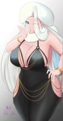 1girls blowing_kiss blue_eyes breasts cleavage dress female female_only hat looking_at_viewer melony_(pokemon) meme milf modakawa_dress nintendo older_female one_eye_closed pokemon rinku_bny solo voluptuous voluptuous_female white_hair