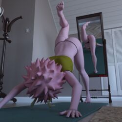 1girls 3d ass barefoot breasts errbee feet female female_only foot_focus horns medium_breasts mina_ashido mirror my_hero_academia nipples pink_hair pose soles string_panties yoga