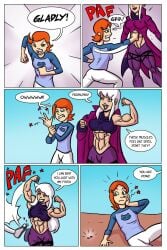 2girls abs ben_10 biceps breasts charmcaster comic comic_page english_text extreme_muscles female female_only growth gwen_tennyson hair human long_hair multiple_girls muscle_growth muscles muscular muscular_arms muscular_female muscular_legs muscular_thighs orange_hair ritualist_(artist) text white_hair