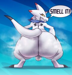 anthro ass balls bandai_namco big_butt bodily_fluids digimon digimon_(species) digitigrade fawxythings gammamon genitals grin hi_res horn kerchief looking_at_viewer looking_back male male_only mostly_nude musk musk_clouds neckerchief rear_view smile sniffing_request solo sweat sweaty_butt thick_thighs