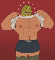 1boy animal_humanoid armpit_hair bara bara_tits barazoku big_bulge boxers bulge clothing dorohedoro gay hairy_chest huge_bulge kaiman kaiman_(dorohedoro) lizard male male_focus male_nipples male_only male_pubic_hair manly muscular_male nipples non-human_only shirt_lift solo solo_male tight_clothing underwear yaoi