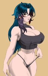 beelceteam beelceverse beelceverse_knights belly belly_button big_breasts blade_mola blue_hair breasts g-string g_string goddess goth jackreaper lingerie looking_at_viewer multicolored_hair panties