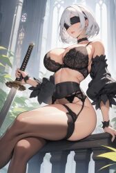 ai_generated breasts female huge_breasts lewdwaifulaifu lingerie nier nier:_automata nier_(series) robot_humanoid silver_hair sword thick_thighs thighs weapon yorha_2b