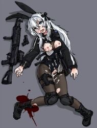 after_sex assault_rifle blood blue_eyes boots bullet_wound bunny_ears bunnysuit cum cum_between_thighs cum_in_mouth cum_on_breasts death dutchko female_death gray_background grey_background gun knee_pads knees_together_feet_apart necrophilia original original_character pistol pistol_holster someone_else's_oc torn_clothes walkie_talkie weapon weapon_holster white_hair