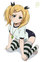 10s 2015 blonde_hair blush buruma dated female grey_eyes gym_uniform hair_ornament hair_ribbon hairclip kneeling kuerun looking_at_viewer miyahara_takuya mole mole_under_eye ribbon shirobako shoes short_hair simple_background solo striped_clothes striped_thighhighs tears thighhighs twintails uwabaki whistle white_background yano_erika