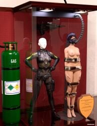 1girls 3d bound bound_arms bound_legs completely_nude completely_nude_female ghost_in_the_shell kusanagi_motoko mannequin nude nude_female purple_hair thejpeger trophy_case unconscious unconscious_female