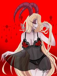 2d ady_laine black_panties blonde_hair demon demon_girl demon_horns exposed_pussy hazbin_hotel lace lilith_morningstar_(hazbin_hotel) lingerie long_hair medium_breasts milf mother pinup red_background rose rose_(flower) succubus vivienne_medrano