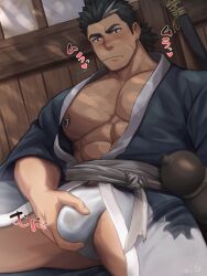 1boy balls bara bara_tits barazoku bulge clothing fundoshi gay japanese_clothing male male_focus male_nipples male_only male_pubic_hair manly muscular_male nipples penis penis_outline solo solo_male underwear yaoi yukata zifu