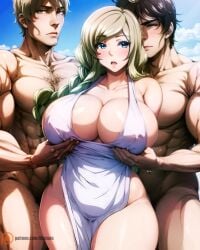 1girls 2boys ai_art ai_generated ass big_ass big_breasts breasts hips huge_ass huge_breasts imminent_sex komiya_yuriya long_hair mature mature_female milf muttsuri_do_sukebe_tsuyu_gibo_shimai_no_honshitsu_minuite_sex_sanmai tied_hair wide_hips