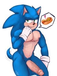 5_fingers abs aciidtron anthro bedroom_eyes big_penis blue_body blue_fur chili_dog clothing erection eulipotyphlan fingers food front_view fur genitals gloves gloves_only handwear handwear_only hedgehog hi_res hot_dog humanoid_genitalia humanoid_penis looking_at_viewer male male_only mammal mostly_nude movie_sonic narrowed_eyes nipples paramount_pictures penis question_mark seductive sega signature smile smirk solo sonic_(series) sonic_the_hedgehog sonic_the_hedgehog_(film) sonic_the_hedgehog_(series) speech_bubble tail tail_motion tailwag tan_body tan_fur vein veiny_penis