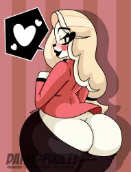 1girls ass_cleavage blush butt_crack charlie_morningstar_(hazbin_hotel) daisy-pink71 demon demon_girl female hazbin_hotel huge_ass looking_at_viewer meme pinup tight_clothing vivienne_medrano