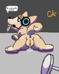 4:5 canid canine canis chameleonark2319 dialogue digital_media_(artwork) domestic_dog female feral genitals konami mammal mira_(silent_hill) pixel_art presenting presenting_pussy pussy shiba_inu silent_hill solo spitz video_games