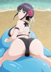 1girls ayaka_(artist) beach big_ass big_breasts black_hair bleach bleach_brave_souls flower_in_hair hairy_pussy kurotsuchi_nemu looking_back pov pubic_hair_peek solo_focus swimsuit swimwear