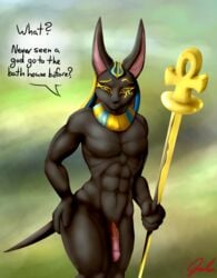 2020 4_fingers abs anthro anubian_jackal anubis biceps big_ears biped black_body black_nose black_skin black_text blonde_eyebrows canid canine canis clothing deity dialogue egyptian_clothing egyptian_mythology english_text eyebrows facial_markings fingers front_view genitals glans green_background half-closed_eyes half-erect hand_on_hip head_markings hi_res holding_object humanoid_genitalia humanoid_penis inner_ear_fluff jackal male male_only mammal markings middle_eastern_mythology mostly_nude muscular muscular_male mythology narrowed_eyes navel pecs penis pink_glans pink_penis portrait red_text scepter shadowponi signature simple_background small_tail solo standing talking_to_viewer text three-quarter_portrait three-quarter_view tuft usekh vein veiny_penis yellow_markings