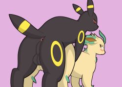 absurd_res anus ass backsack balls blush duo ears_back eeveelution feral feral_on_feral from_behind_position generation_2_pokemon generation_4_pokemon genitals hi_res leafeon looking_back male male/male nintendo onesaucdragon pivoted_ears pokemon pokemon_(species) quadruped rear_view sex submissive submissive_male tail umbreon