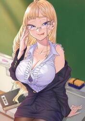 1girls absurdres black_jacket black_skirt blonde_hair blue_eyes book bra breasts chalkboard cleavage collarbone collared_shirt dosanko_gal_wa_namara_menkoi female glasses highres ikada_kai jacket large_breasts long_hair minami_fuyuki off_shoulder official_art pantyhose pencil_skirt purple_bra purple_shirt shirt shounen_jump+ sitting skirt sleeveless sleeveless_shirt smile solo tongue tongue_out underwear