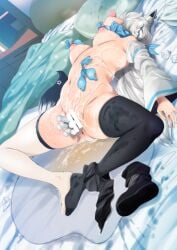 after_sex animal_ear_fluff animal_ears black_footwear black_shorts black_thighhighs blue_neckerchief boots breasts censored condom cum cum_on_body detached_sleeves female fox_ears fox_girl fox_tail fumihiko_(pixiv2658856) highres hololive hololive_gamers hololive_gen_1 hololive_japan lying navel neckerchief nipples object_insertion on_back on_bed puddle pussy_juice pussy_juice_puddle shirakami_fubuki shirakami_fubuki_(1st_costume) shirt shorts solo spread_legs tail thigh_strap thighhighs tongue tongue_out used_condom vaginal_object_insertion vaginal_penetration virtual_youtuber white_hair white_sleeves