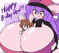 1boy1girl :3 ?:3 birthday blinking blushing brown_hair bubble_butt dewbber giantess happy massive_breasts oc on_breasts pressing_breasts_together purple_hair rabbit_ears santa_hat shirt_up smaller_male tagme white_gloves woebeeme