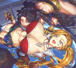 2girls big_ass blonde_hair blue_eyes calamity_jane_(fate) choker curvy dark_hair fate/grand_order fate_(series) gloves holding_can huge_breasts ishtar_(fate) melon22 midriff multicolored_hair open_mouth red_eyes red_hair shorts side_ponytail space_ishtar space_ishtar_(fate/grand_order) thick_thighs thighhighs wide_hips zero_gravity