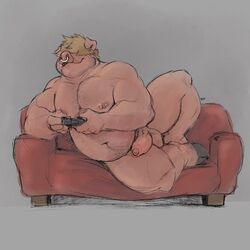 1:1 1boy 2020 absurd_res anthro balls bara belly domestic_pig english_text furniture genitals hi_res male male_only mammal minedoo moobs nipples overweight overweight_male penis simple_background sofa solo solo_male suid suina sus_(pig) text