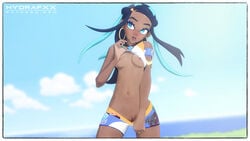 1girls 3d areolae blender blue_eyes blue_hair blush breasts clouds dark-skinned_female dark_skin day earrings eyelashes eyeshadow female female_only flashing hoop_earrings human hydrafxx long_hair looking_away makeup nessa_(pokemon) nintendo nipples outdoors patreon pokemon pokemon_ss pose pussy shirt shirt_lift shorts sky solo standing tank_top text thigh_gap uncensored url watermark white_border