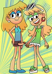 2futas absurdres blonde_hair blue_eyeshadow blue_lipstick blue_shirt blue_shoes brown_shorts copy dickgirl dress earrings futa_only futanari futika_models glasses green_dress green_eyeshadow green_lipstick highres intersex leni_loud lori_loud penis penis_through_fly penis_under_skirt red_earrings sandals shirt shoes shorts straight_hair sunglasses_on_head the_loud_house toony white_glasses white_sandals