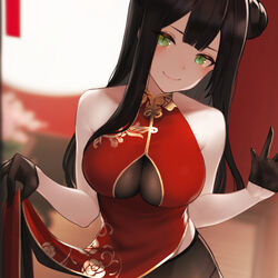 1girls black_hair breasts bun china_dress chinese_clothes cleavage cleavage_cutout corona_chan coronavirus covid-19_pandemic cute flashing gloves green_eyes keyhole smile